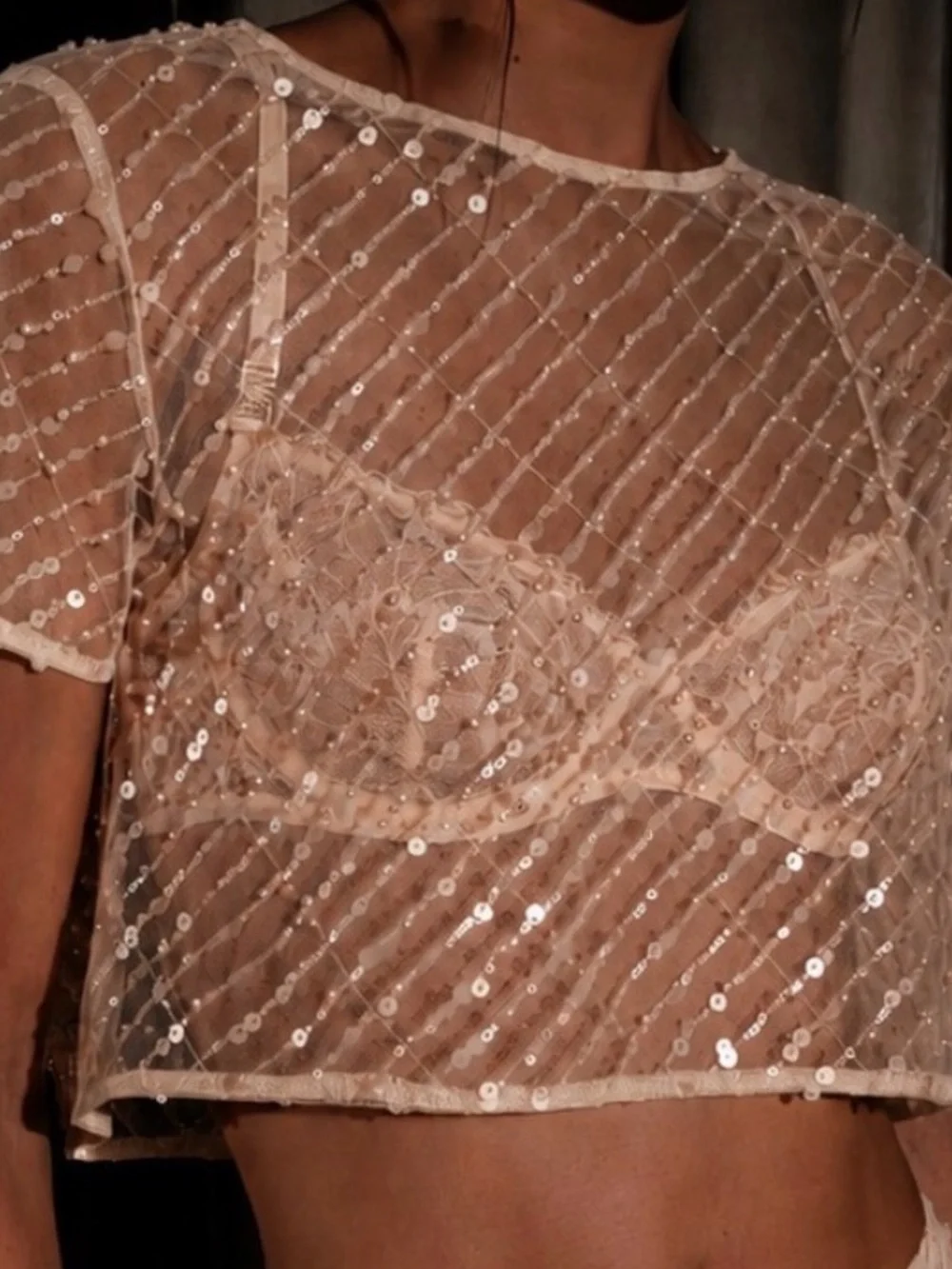 Meshki Cream pearl & sequin mesh crop top